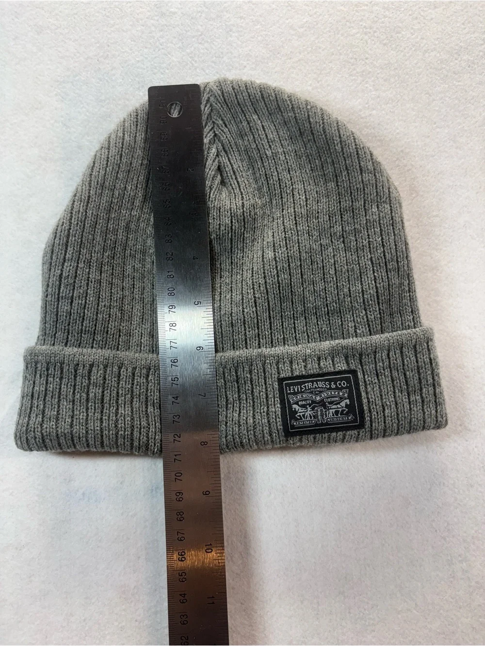 Levi Strauss & Co. Gray Ribbed Knit Cuffed Beanie Hat Logo Patch One Size